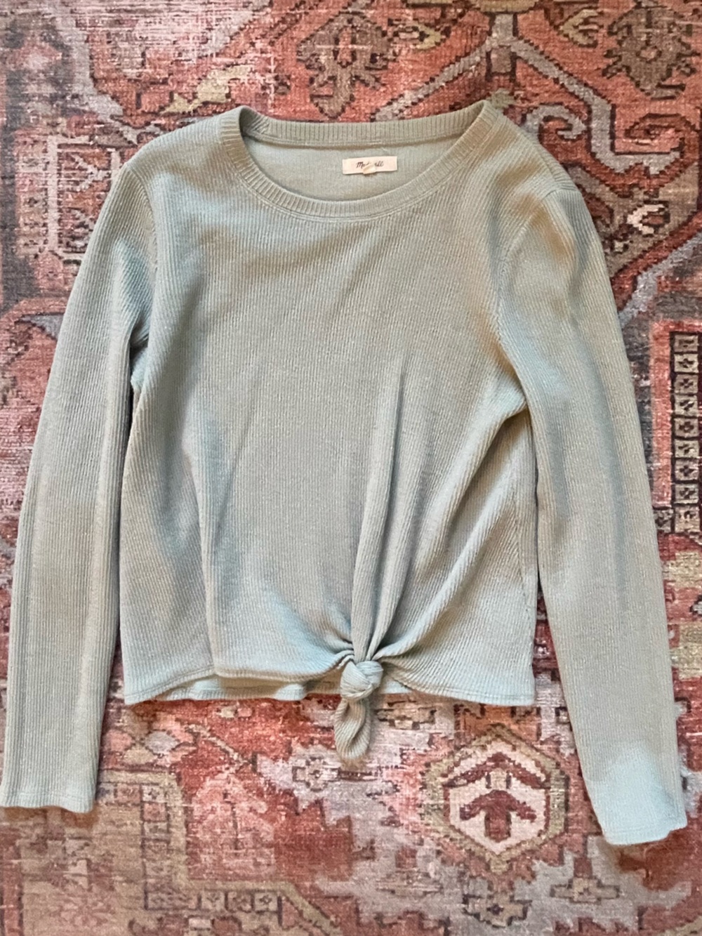 Madewell Sage Green Knot-Front Ribbed Long Sleeve Top